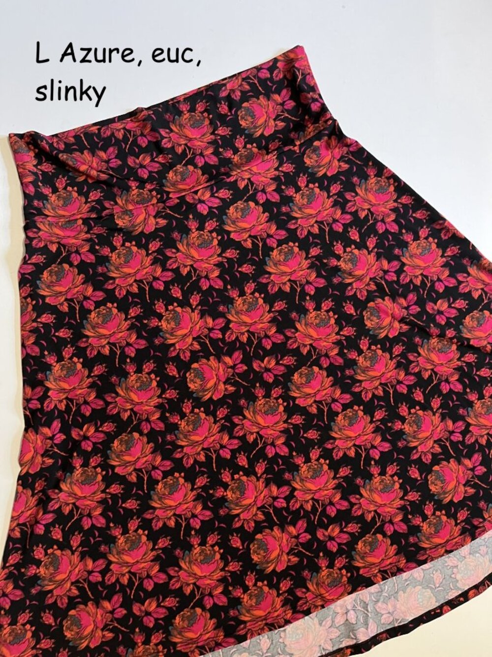 Large Lularoe Azure a-line skirt, black with pink, orange, blue roses, slinky